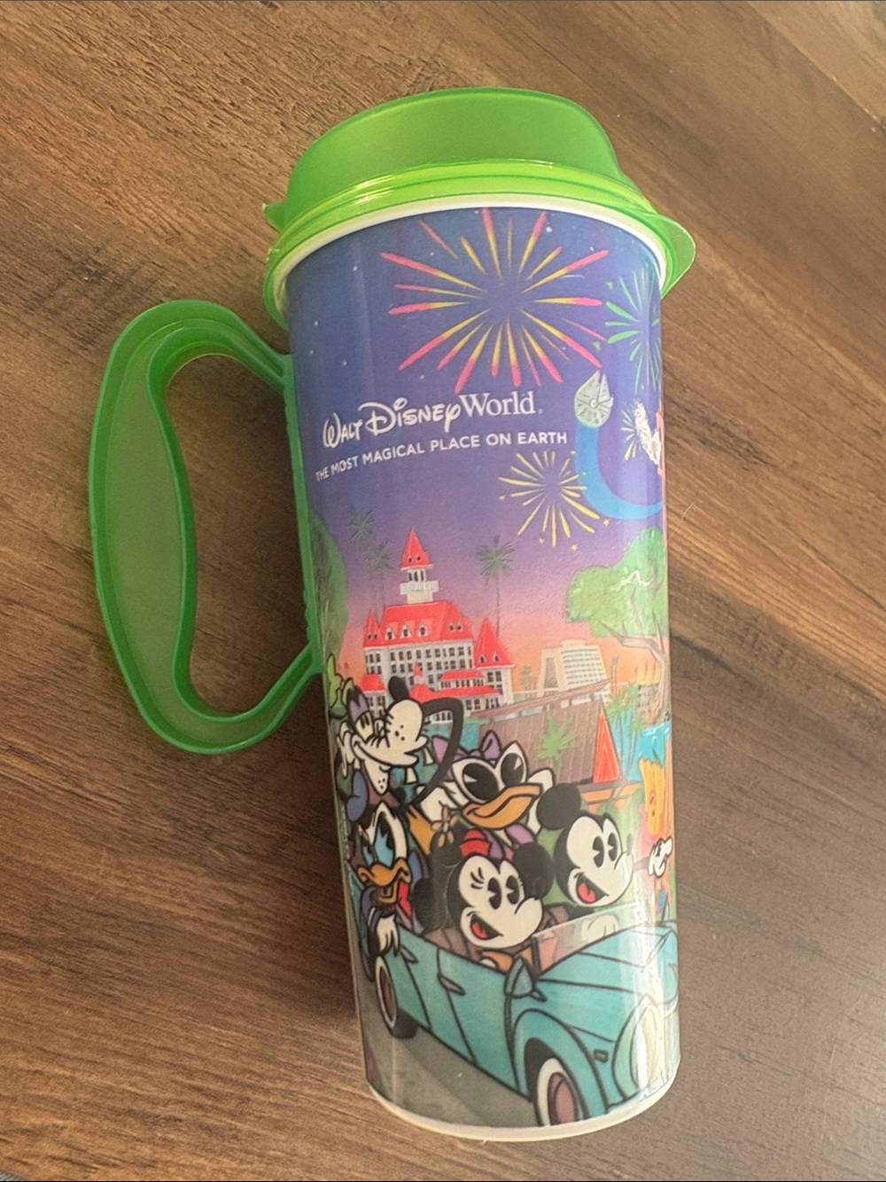 Disney Travel Tumbler with Bright Green Lid and Handle